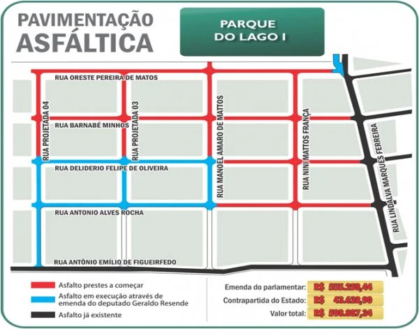 Mapa das ruas onde serão asfaltadas com recurso viabilizado pelo deputado federal Geraldo Resende. (Foto: Reprodução)