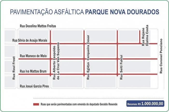 Mapa das ruas que serão asfaltadas com recursos viabilizados por Geraldo Resende. (Foto: Reprodução)