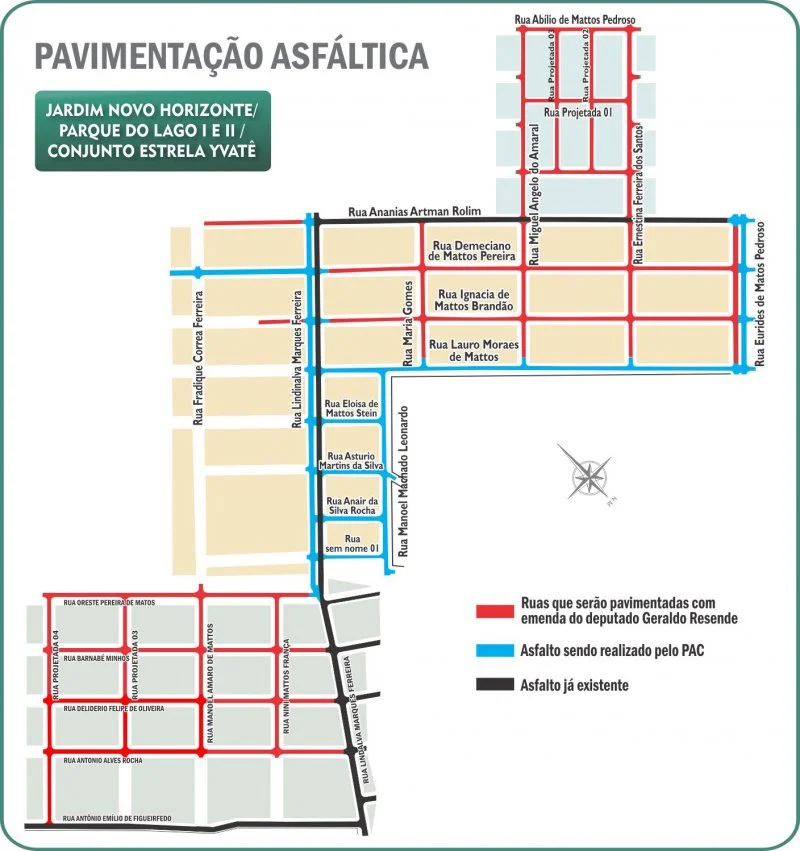 Mapa da obra de asfalto e drenagem no Parque do Lago 1 e 2