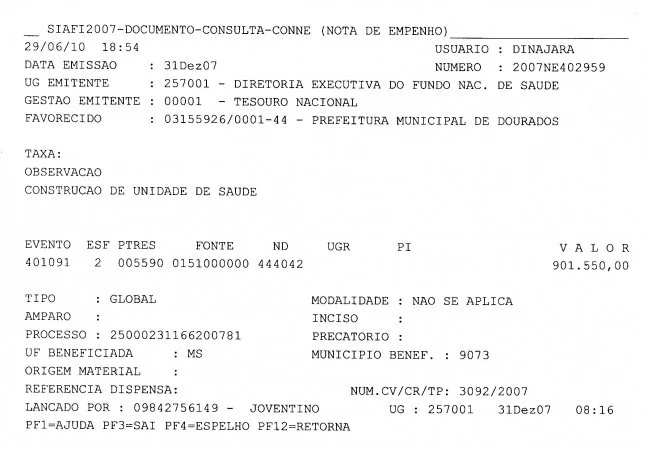 Nota de Empenho 402959 de 2007 - R$ 901 mil