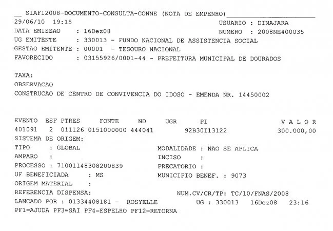 Nota de Empenho 400035 de 2008 - R$ 300 mil