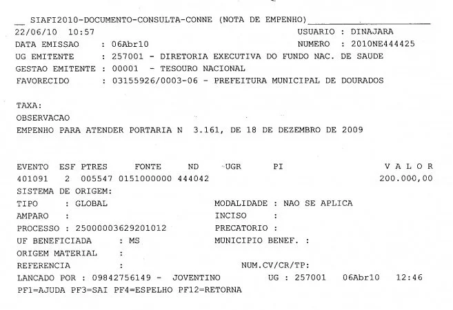 Nota de Empenho 444425 de 2010 - R$ 200 mil
