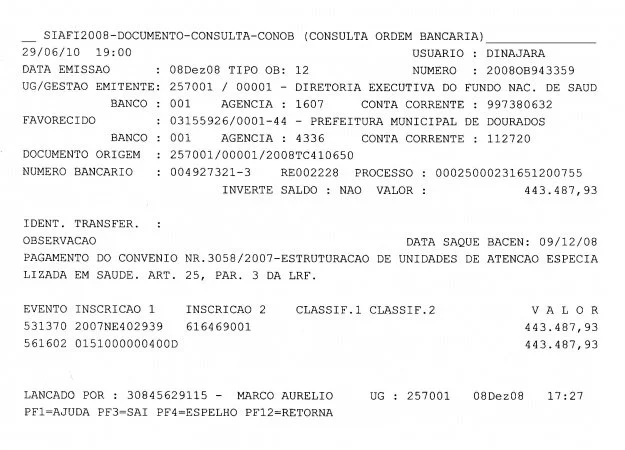 Ordem Bancária 943359 de 2008 - R$ 443 mil