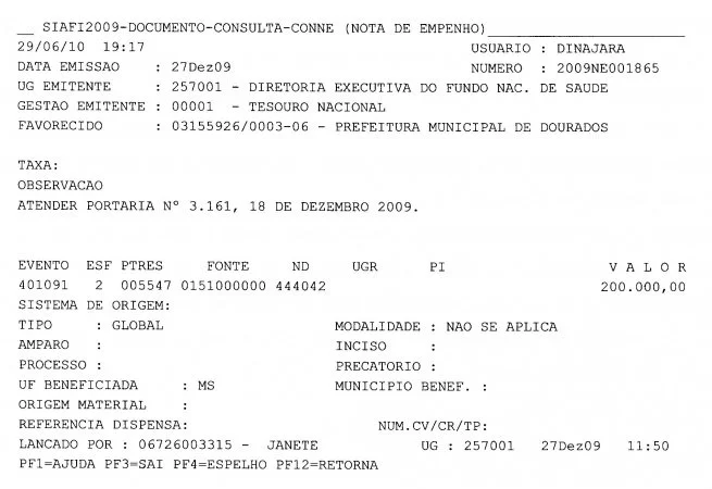 Nota de Empenho 001865 de 2009 - R$ 200 mil
