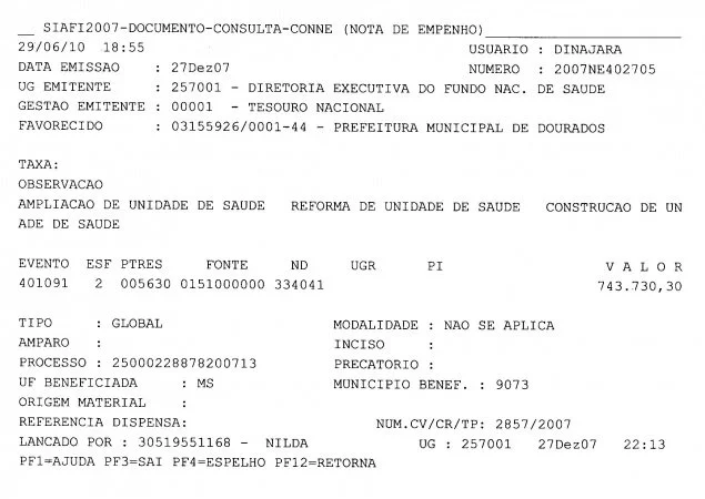 Nota de Empenho 402705 de 2007 - R$ 743 mil
