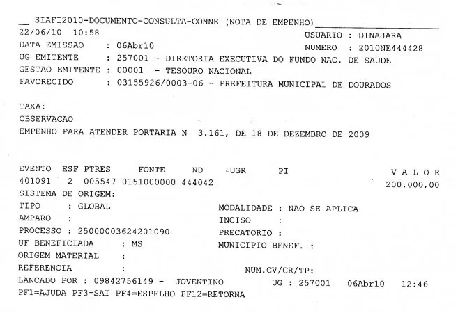 Nota de Empenho 444428 de 2010 - R$ 200 mil