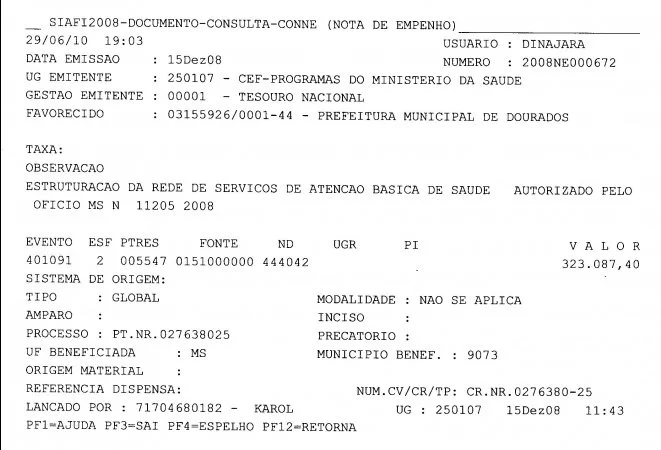 Nota de Empenho 000672 de 2008 - R$ 323 mil