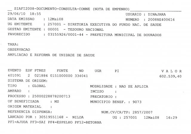 Nota de Empenho 400610 de 2008 - R$ 602 mil