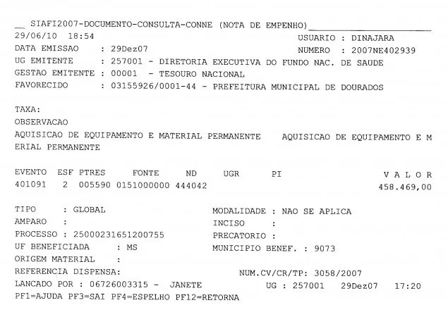 Nota de Empenho 402939 de 2007 - R$ 458 mil