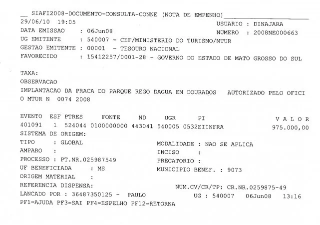 Nota de Empenho 000663 de 2008 - R$ 975 mil