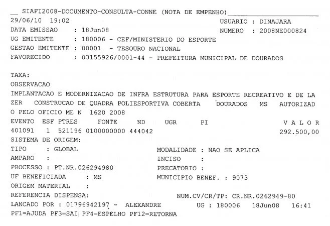 Nota de Empenho 000824 de 2008 - R$ 292 mil
