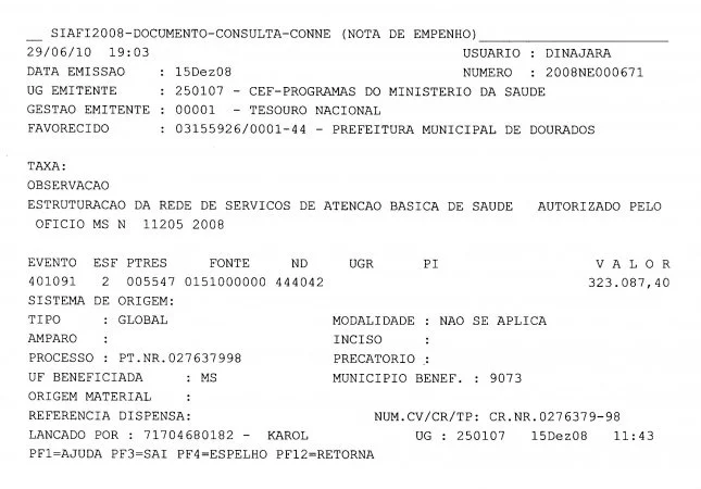 Nota de Empenho 000671 de 2008 - R$ 323 mil