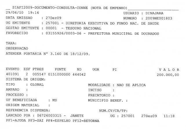Nota de Empenho 001803 de 2009 - R$ 200 mil