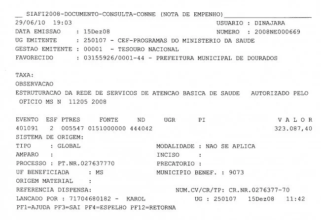 Nota de Empenho 000669 de 2008 - R$ 323 mil