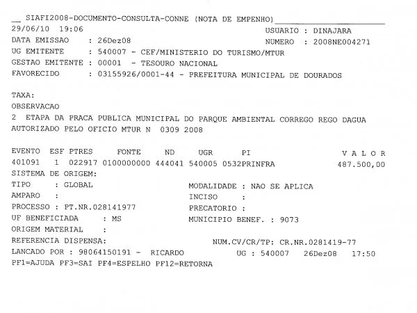 Nota de Empenho 004271 de 2008 - R$ 487 mil