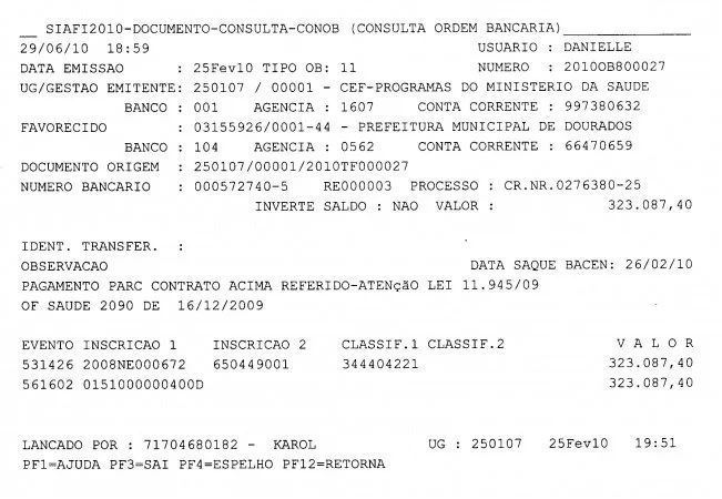 Ordem Bancária 800027 de 2010 - R$ 323 mil