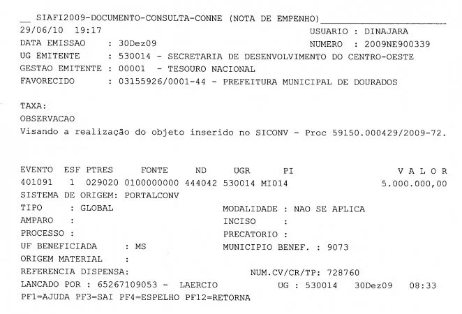 Nota de Empenho 900339 de 2009 - R$ 5 milhões