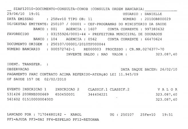 Ordem Bancária 800029 de 2010 - R$ 323 mil