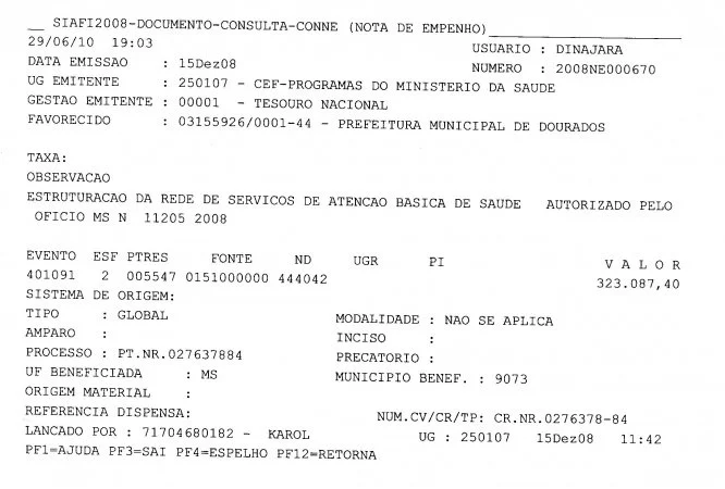 Nota de Empenho 000670 de 2008 - R$ 323 mil