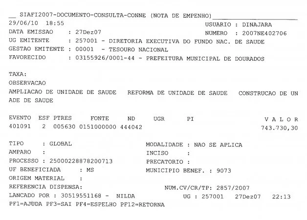 Nota de Empenho 402703 de 2007 - R$ 743 mil