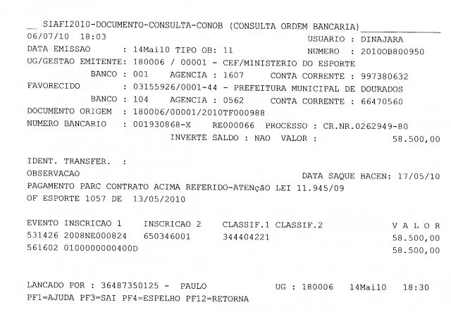 Ordem Bancária 800950 de 2010 - R$ 58,5 mil