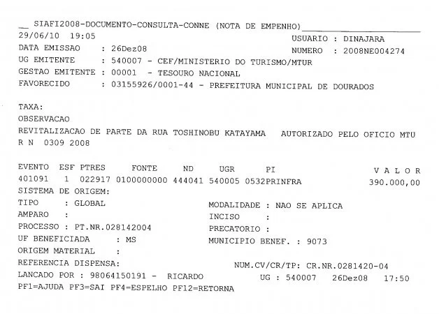 Nota de Empenho 004274 de 2008 - R$ 390 mil