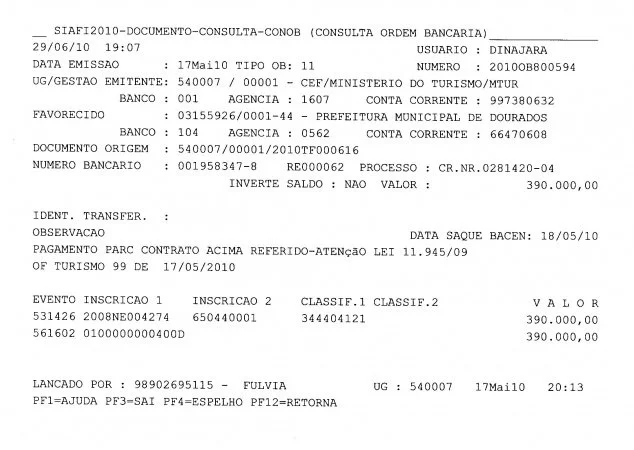 Ordem Bancária 800594 de 2010 - R$ 390 mil