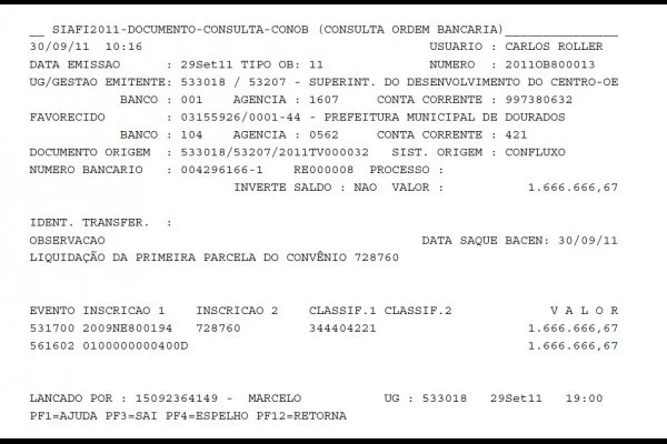 Veja ordem bancária. Recursos já estão disponíveis na conta da prefeitura de Dourados