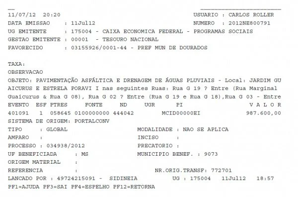 Nota de empenho comprova a garantia de recursos para pavimentação de ruas do Jardim Guaicurus/Estrela Poravi.