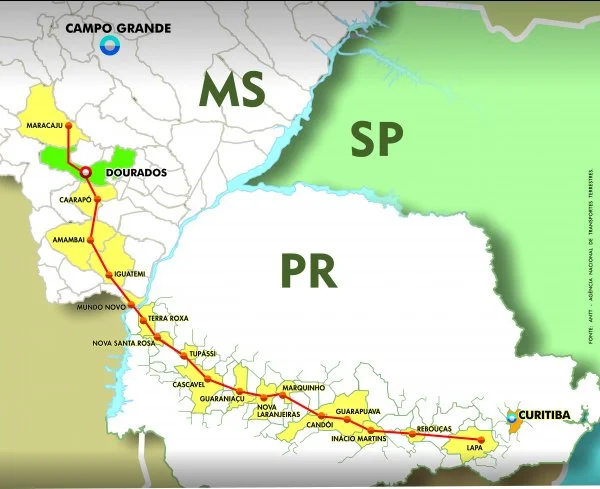 Mapa mostra traçado da Ferrovia EFE 484, ligando Maracaju-MS ao Paraná, passando por Dourados e outros municípios de MS.