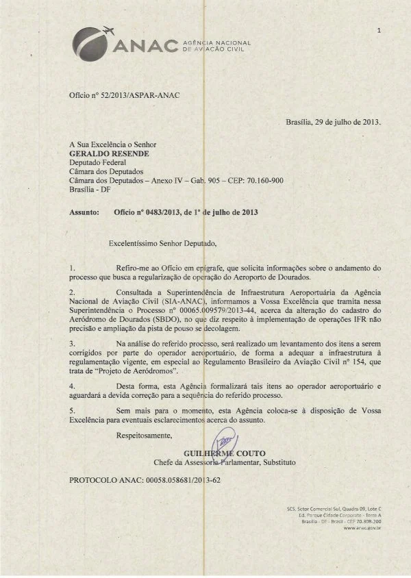 Ofício da ANAC respondendo aos questionamentos de Geraldo Resende