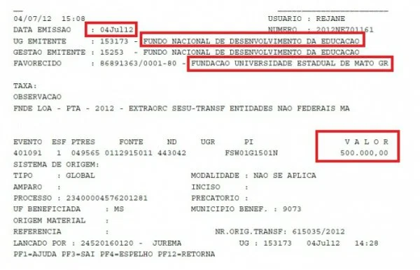 Nota de empenho dos recursos para a UEMS, emitida em julho de 2012.