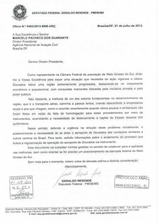 Ofício do deputado Geraldo Resende à ANAC, questionando sobre a regularização de vôos por instrumentos no aeroporto de Dourados.