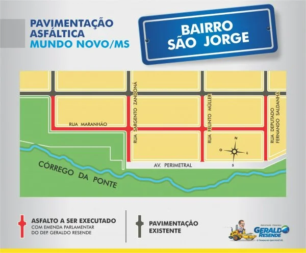 Mapa das ruas que recebem recursos destinados por Geraldo Resende para pavimentação asfáltica, no valor de R$ 500 mil
