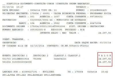 Ordem bancária relativa à etapa 2 do Jardim Guaicurus (parte) e Estrela Poravi II (parte):
