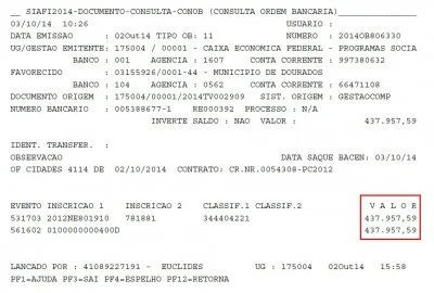 Ordem bancária referente à execução de drenagem de águas pluviais nas Ruas do Parque do Lago II