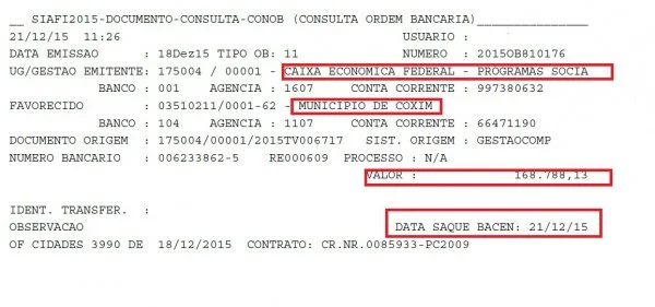 Ordem bancária, documento que comprova a liberação dos recursos para a conclusão das obras de asfalto