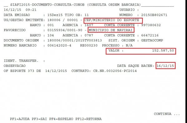 Ordem bancária documenta a liberação da primeira parcela dos recursos para garantir o início das obras da nova pista de skate.
