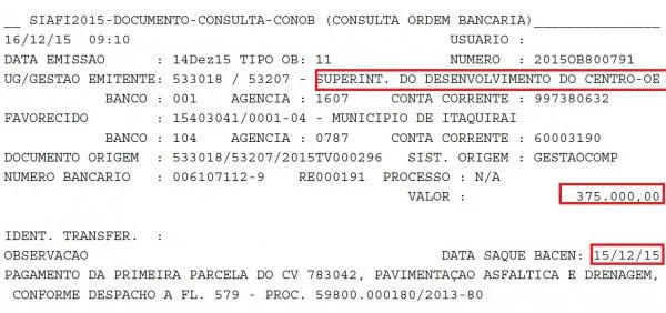 Ordem bancária (documento que registra a liberação dos recursos) emitida pela SUDECO esta semana.